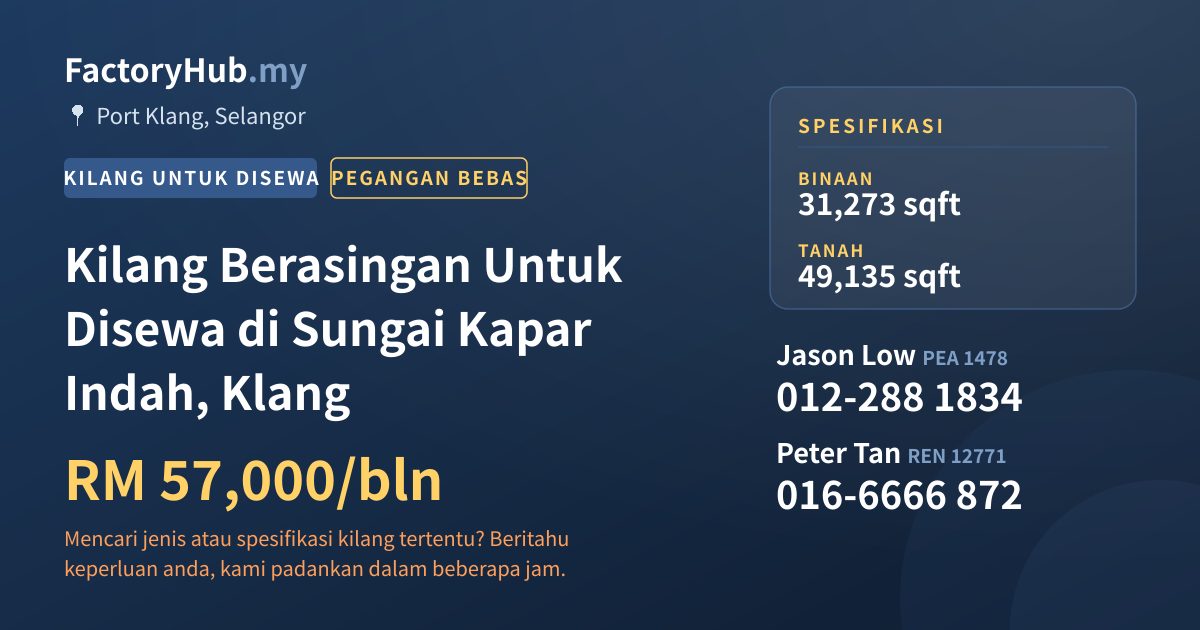 Kilang Untuk Disewa - Kilang Berasingan Untuk Disewa di Sungai Kapar Indah, Klang - Port Klang, Selangor
