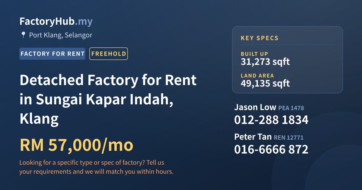 Factory For Rent - Detached Factory for Rent in Sungai Kapar Indah, Klang - Port Klang, Selangor