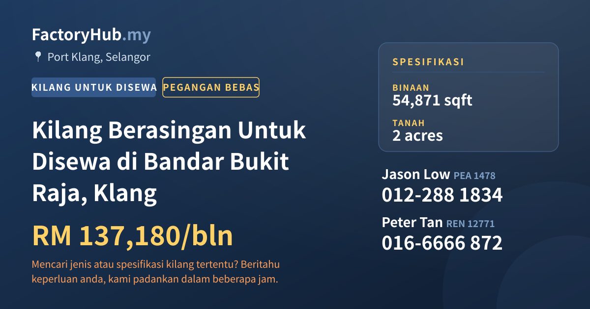 Kilang Untuk Disewa - Kilang Berasingan Untuk Disewa di Bandar Bukit Raja, Klang - Port Klang, Selangor