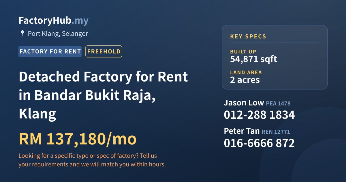 Factory For Rent - Detached Factory for Rent in Bandar Bukit Raja, Klang - Port Klang, Selangor
