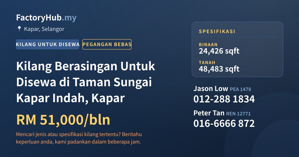 Kilang Untuk Disewa - Kilang Berasingan Untuk Disewa di Taman Sungai Kapar Indah, Kapar - Kapar, Selangor