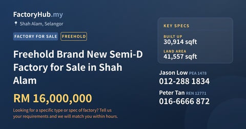 Factory For Sale - Freehold Brand New Semi-D Factory for Sale in Shah Alam - Shah Alam, Selangor