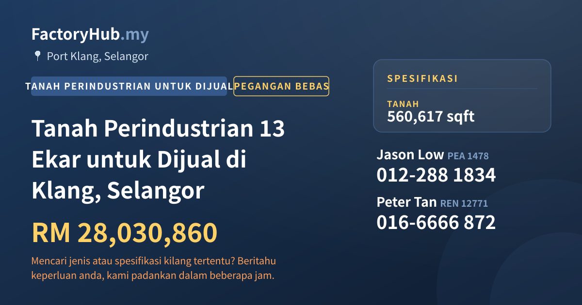 Tanah Untuk Dijual - Tanah Perindustrian 13 Ekar untuk Dijual di Klang, Selangor - Port Klang, Selangor