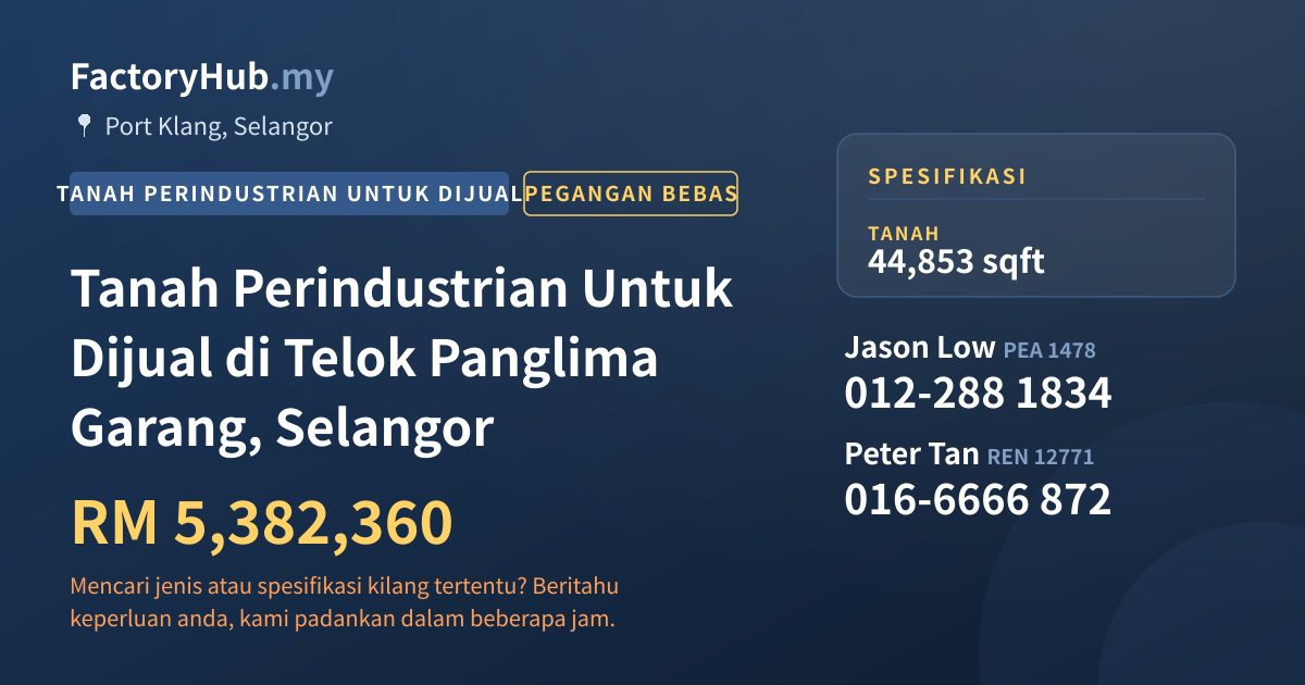 Tanah Untuk Dijual - Tanah Perindustrian Untuk Dijual di Telok Panglima Garang, Selangor - Port Klang, Selangor