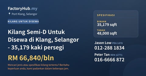 Kilang Untuk Disewa - Kilang Semi-D Untuk Disewa di Klang, Selangor - 35,179 kaki persegi - Port Klang, Selangor
