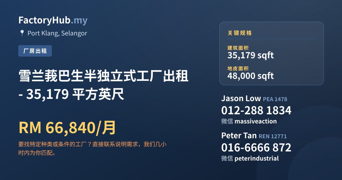 工厂 出租 - 雪兰莪巴生半独立式工厂出租 - 35,179 平方英尺 - Port Klang, Selangor