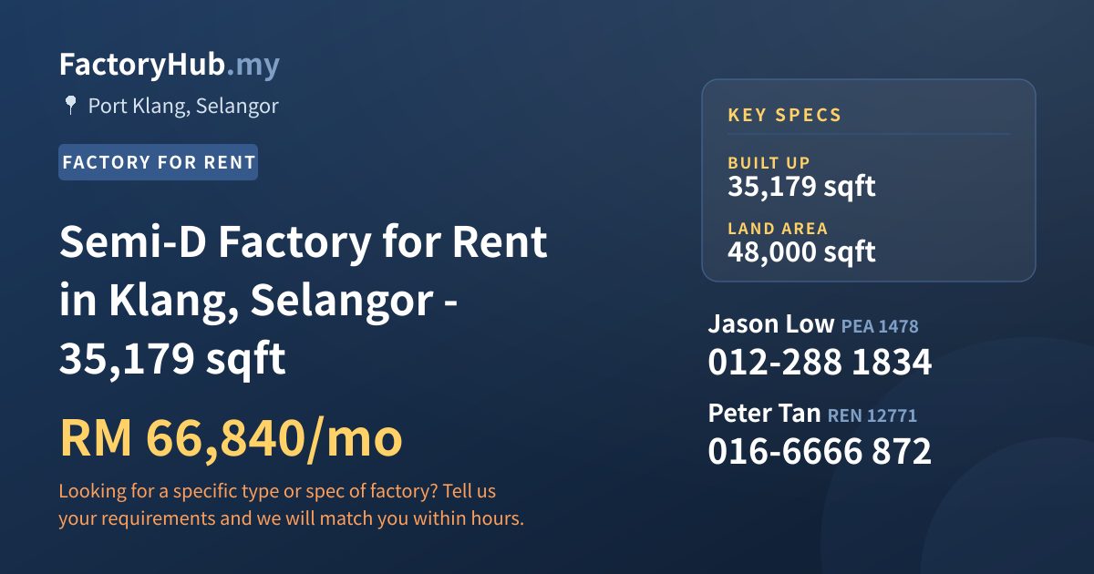 Factory For Rent - Semi-D Factory for Rent in Klang, Selangor - 35,179 sqft - Port Klang, Selangor