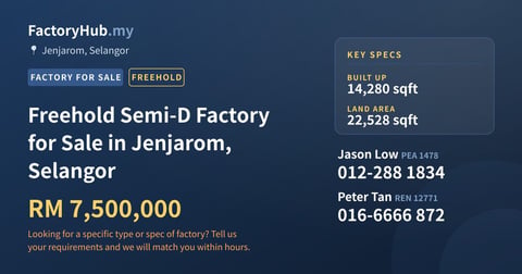 Factory For Sale - Freehold Semi-D Factory for Sale in Jenjarom, Selangor - Jenjarom, Selangor