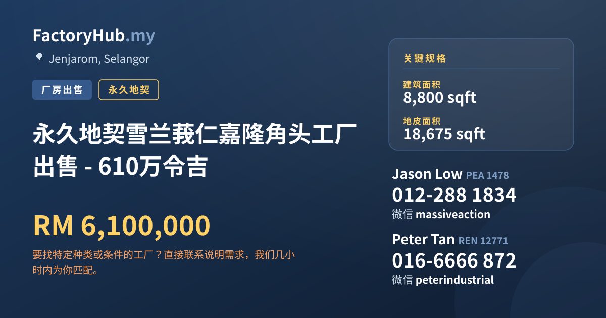 工厂 出售 - 永久地契雪兰莪仁嘉隆角头工厂出售 - 610万令吉 - Jenjarom, Selangor
