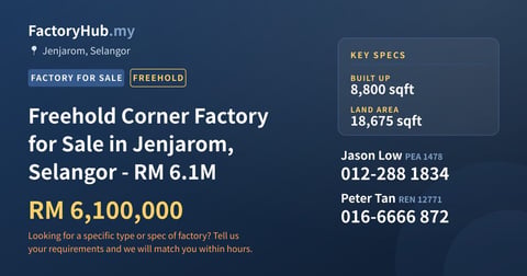 Factory For Sale - Freehold Corner Factory for Sale in Jenjarom, Selangor - RM 6.1M - Jenjarom, Selangor