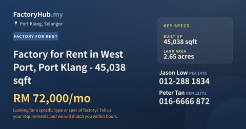 Factory For Rent - Factory for Rent in West Port, Port Klang - 45,038 sqft - Port Klang, Selangor