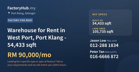 Factory For Rent - Warehouse for Rent in West Port, Port Klang - 54,433 sqft - Port Klang, Selangor