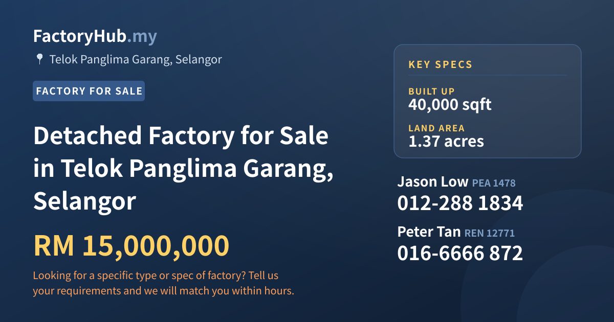Factory For Sale - Detached Factory for Sale in Telok Panglima Garang, Selangor - Telok Panglima Garang, Selangor