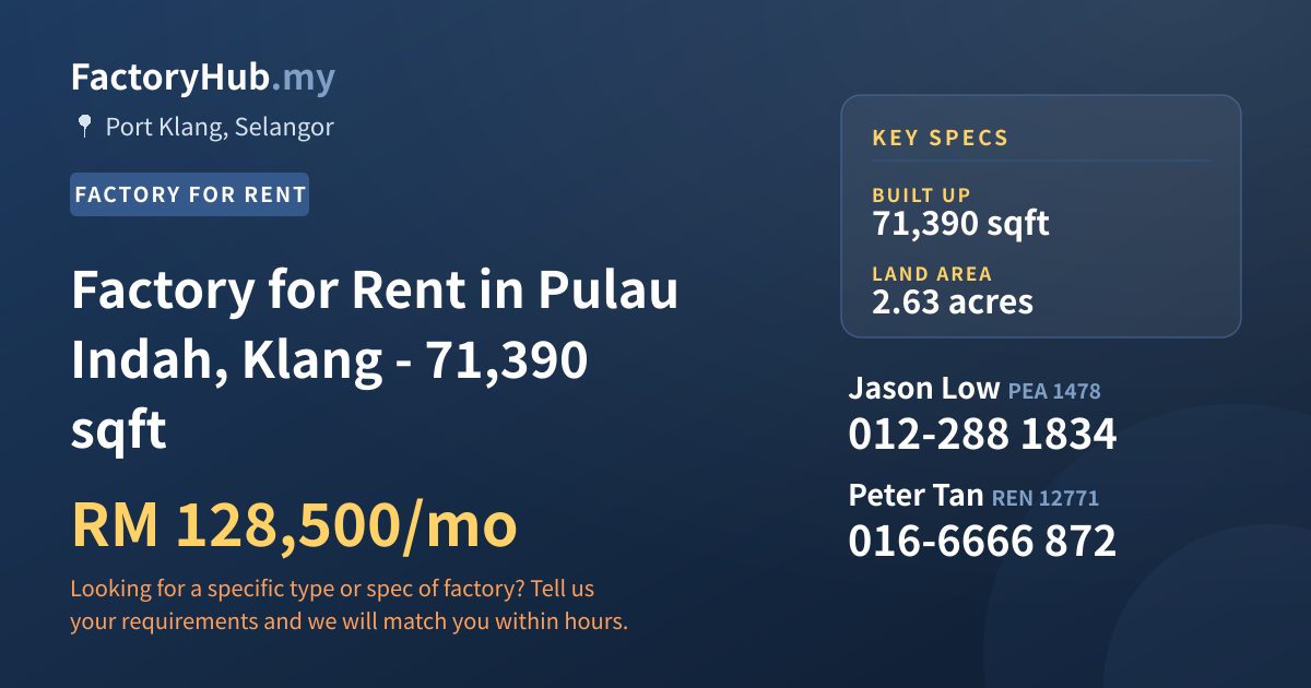 Factory For Rent - Factory for Rent in Pulau Indah, Klang - 71,390 sqft - Port Klang, Selangor