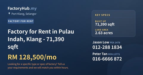 Factory For Rent - Factory for Rent in Pulau Indah, Klang - 71,390 sqft - Port Klang, Selangor