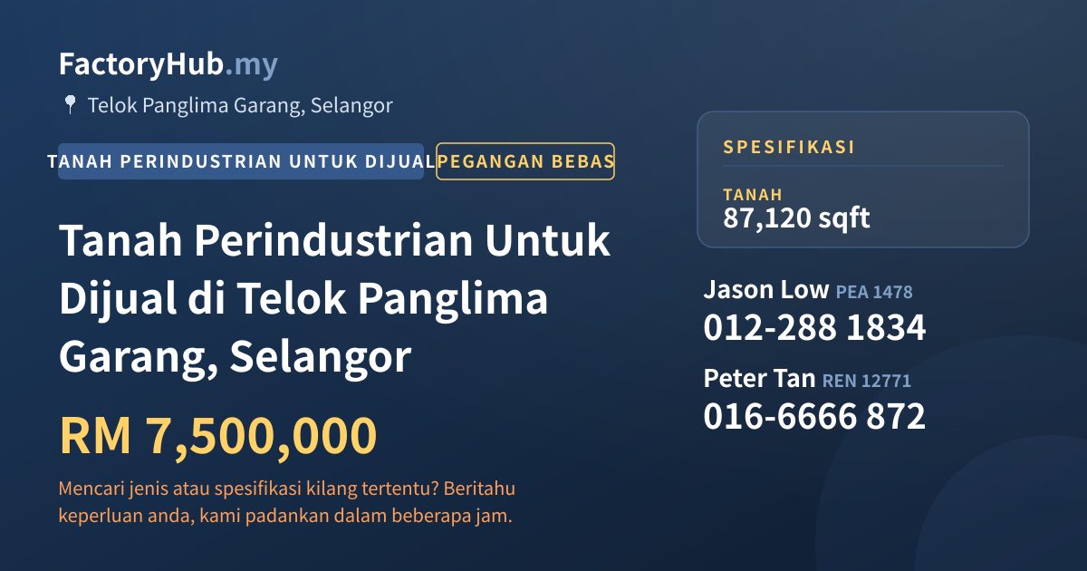 Tanah Untuk Dijual - Tanah Perindustrian Untuk Dijual di Telok Panglima Garang, Selangor - Telok Panglima Garang, Selangor