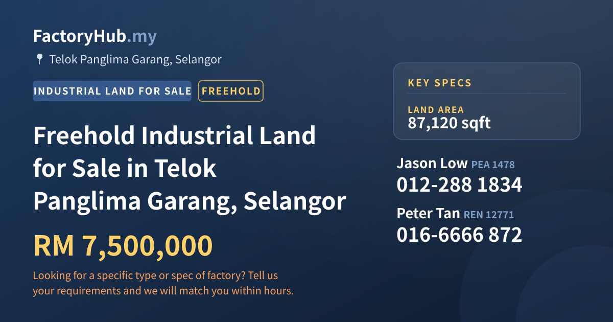 Land For Sale - Freehold Industrial Land for Sale in Telok Panglima Garang, Selangor - Telok Panglima Garang, Selangor