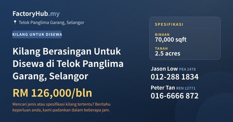 Kilang Untuk Disewa - Kilang Berasingan Untuk Disewa di Telok Panglima Garang, Selangor - Telok Panglima Garang, Selangor