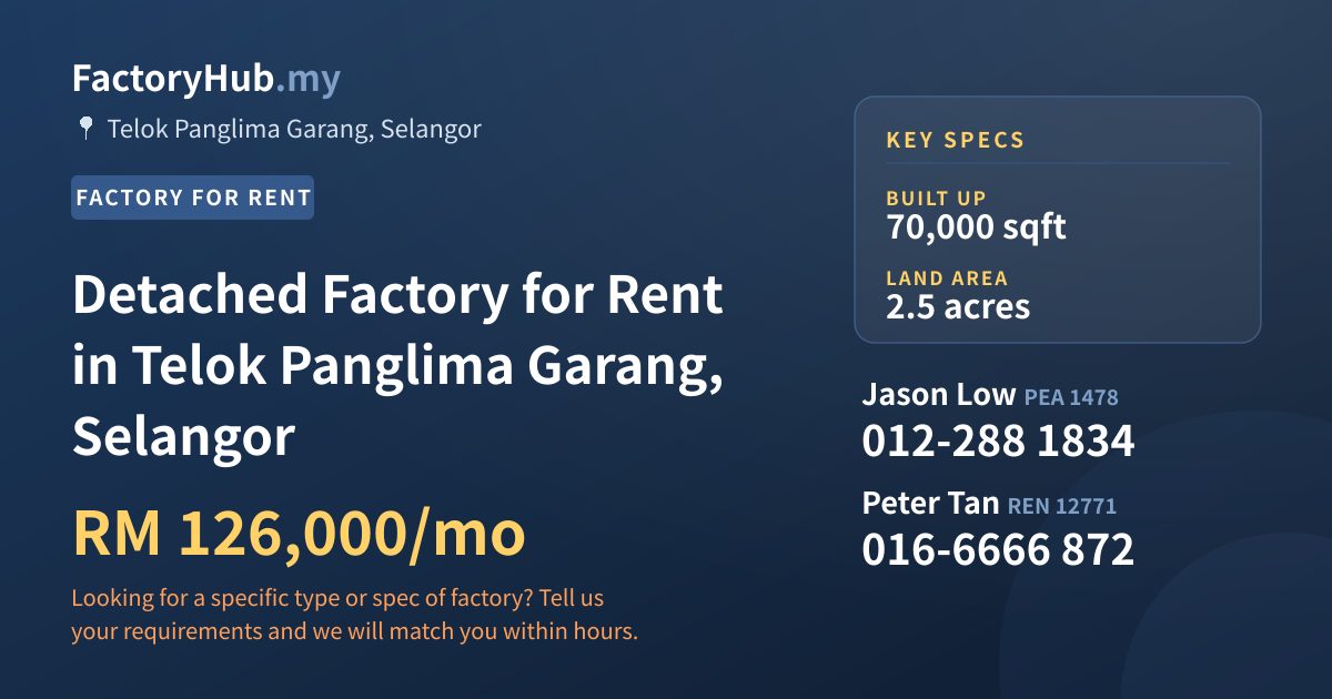 Factory For Rent - Detached Factory for Rent in Telok Panglima Garang, Selangor - Telok Panglima Garang, Selangor