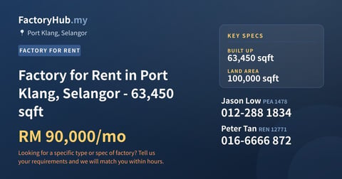 Factory For Rent - Factory for Rent in Port Klang, Selangor - 63,450 sqft - Port Klang, Selangor