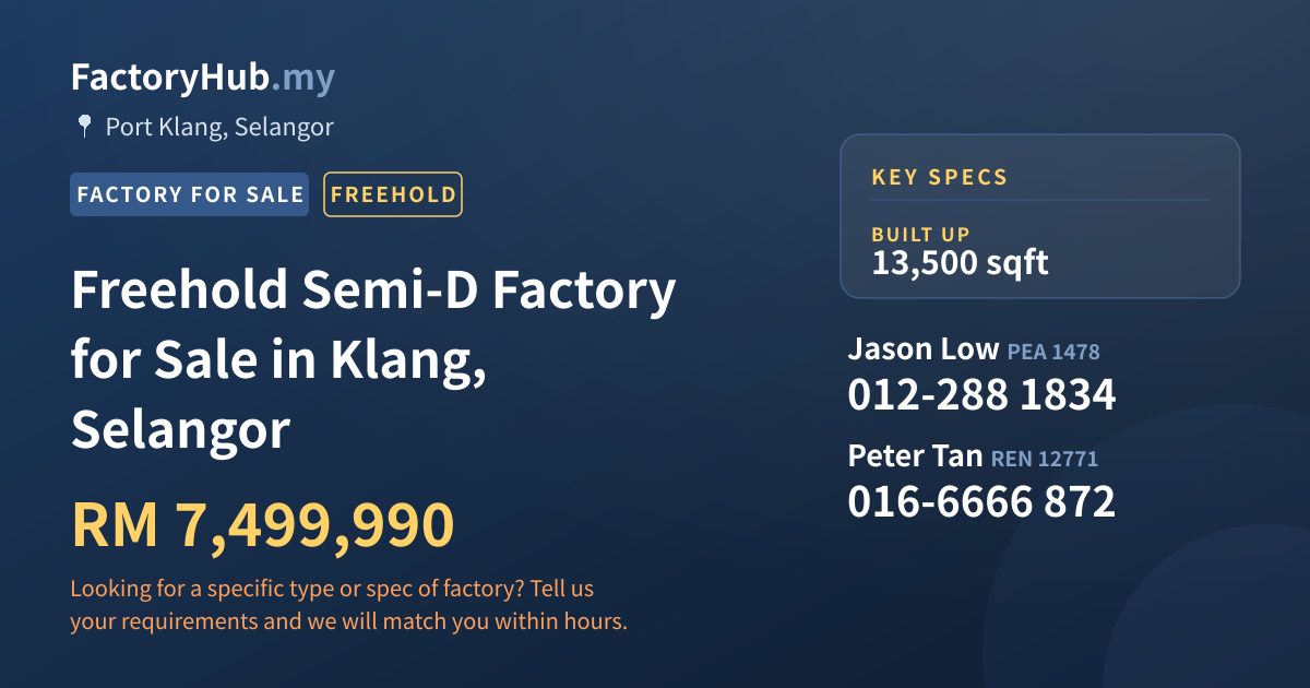 Factory For Sale - Freehold Semi-D Factory for Sale in Klang, Selangor - Port Klang, Selangor