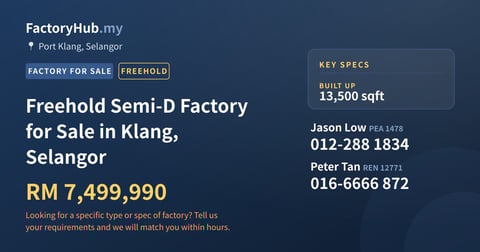 Factory For Sale - Freehold Semi-D Factory for Sale in Klang, Selangor - Port Klang, Selangor