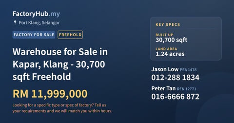 Factory For Sale - Warehouse for Sale in Kapar, Klang - 30,700 sqft Freehold - Port Klang, Selangor