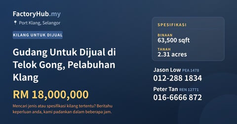 Kilang Untuk Dijual - Gudang Untuk Dijual di Telok Gong, Pelabuhan Klang - Port Klang, Selangor
