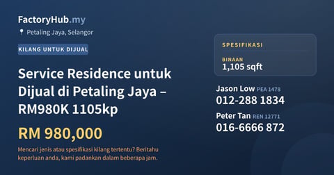 Kediaman Untuk Dijual - Service Residence untuk Dijual di Petaling Jaya – RM980K 1105kp - Petaling Jaya, Selangor