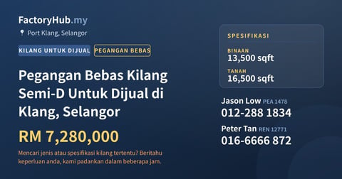 Kilang Untuk Dijual - Pegangan Bebas Kilang Semi-D Untuk Dijual di Klang, Selangor - Port Klang, Selangor