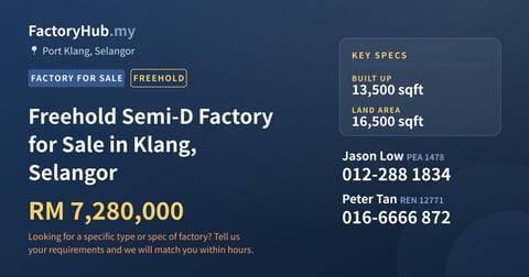 Factory For Sale - Freehold Semi-D Factory for Sale in Klang, Selangor - Port Klang, Selangor