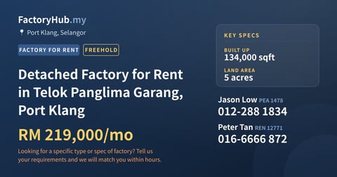 Factory For Rent - Detached Factory for Rent in Telok Panglima Garang, Port Klang - Port Klang, Selangor