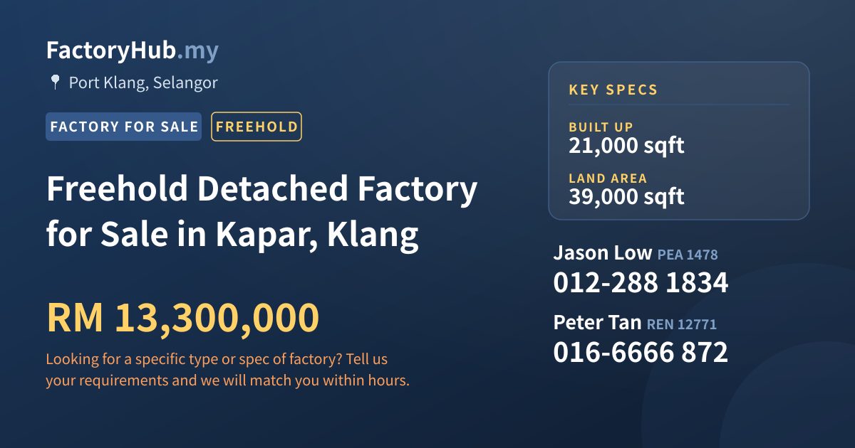 Factory For Sale - Freehold Detached Factory for Sale in Kapar, Klang - Port Klang, Selangor