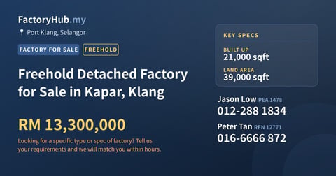 Factory For Sale - Freehold Detached Factory for Sale in Kapar, Klang - Port Klang, Selangor