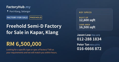 Factory For Sale - Freehold Semi-D Factory for Sale in Kapar, Klang - Port Klang, Selangor