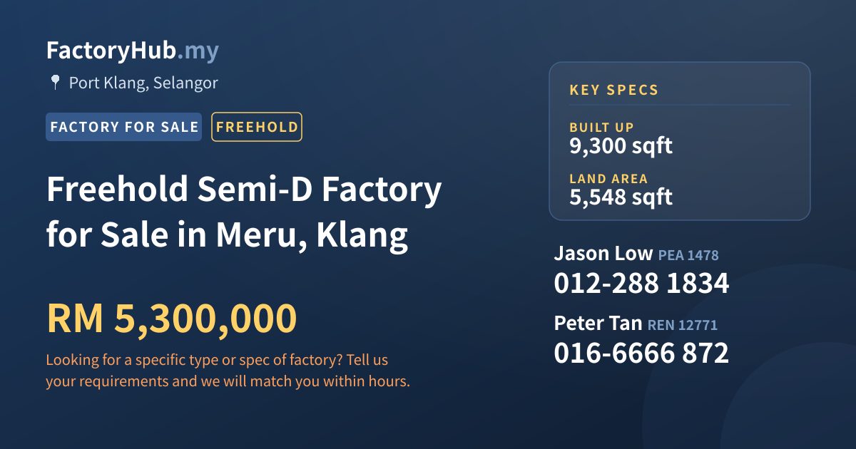 Factory For Sale - Freehold Semi-D Factory for Sale in Meru, Klang - Port Klang, Selangor