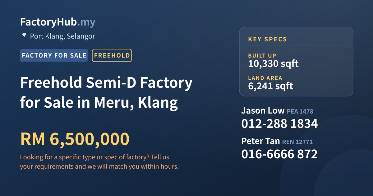 Factory For Sale - Freehold Semi-D Factory for Sale in Meru, Klang - Port Klang, Selangor