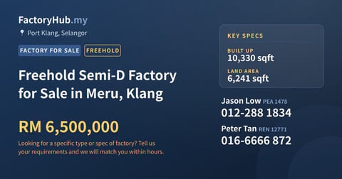 Factory For Sale - Freehold Semi-D Factory for Sale in Meru, Klang - Port Klang, Selangor