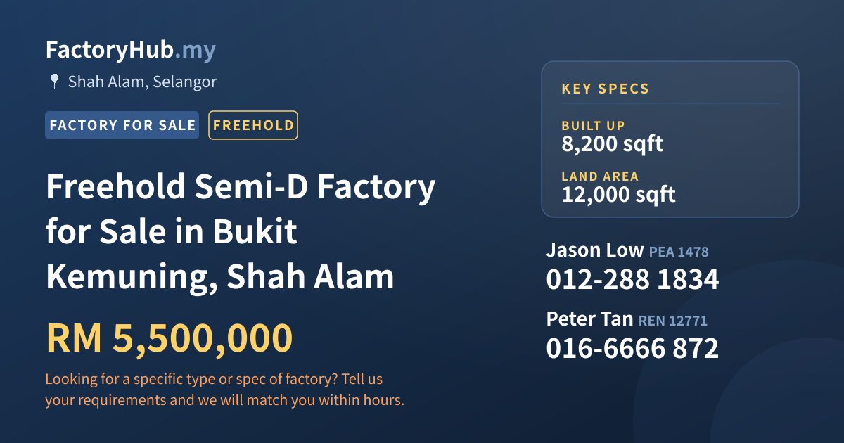 Factory For Sale - Freehold Semi-D Factory for Sale in Bukit Kemuning, Shah Alam - Shah Alam, Selangor