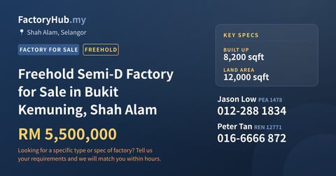Factory For Sale - Freehold Semi-D Factory for Sale in Bukit Kemuning, Shah Alam - Shah Alam, Selangor