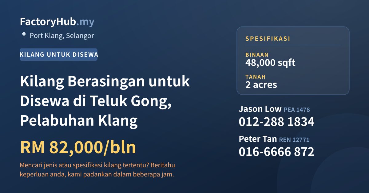 Kilang Untuk Disewa - Kilang Berasingan untuk Disewa di Teluk Gong, Pelabuhan Klang - Port Klang, Selangor