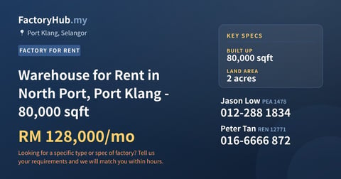 Factory For Rent - Warehouse for Rent in North Port, Port Klang - 80,000 sqft - Port Klang, Selangor
