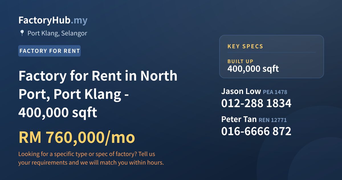 Factory For Rent - Factory for Rent in North Port, Port Klang - 400,000 sqft - Port Klang, Selangor