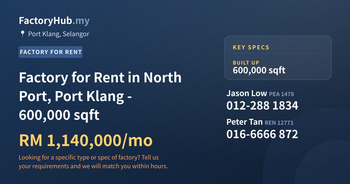 Factory For Rent - Factory for Rent in North Port, Port Klang - 600,000 sqft - Port Klang, Selangor