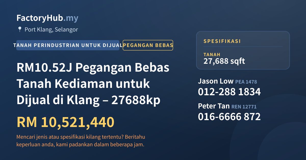 Tanah Untuk Dijual - RM10.52J Pegangan Bebas Tanah Kediaman untuk Dijual di Klang – 27688kp - Port Klang, Selangor