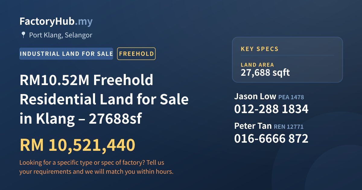 Land For Sale - RM10.52M Freehold Residential Land for Sale in Klang – 27688sf - Port Klang, Selangor