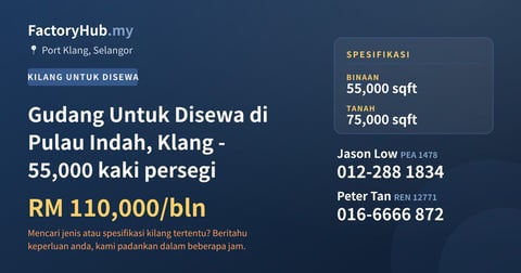 Kilang Untuk Disewa - Gudang Untuk Disewa di Pulau Indah, Klang - 55,000 kaki persegi - Port Klang, Selangor