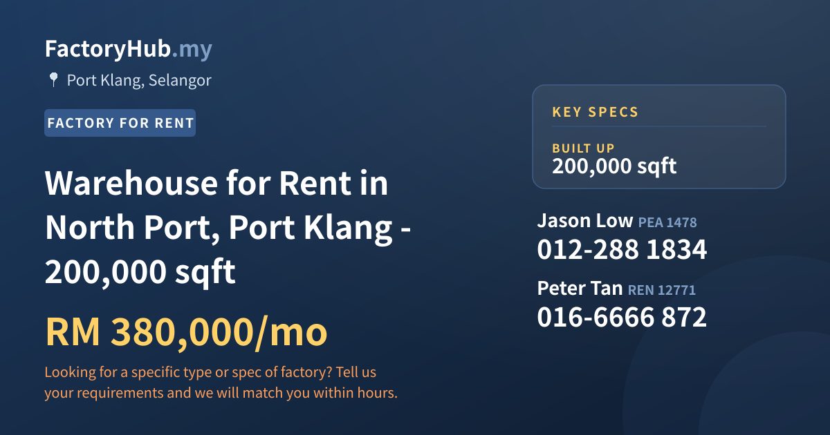 Factory For Rent - Warehouse for Rent in North Port, Port Klang - 200,000 sqft - Port Klang, Selangor