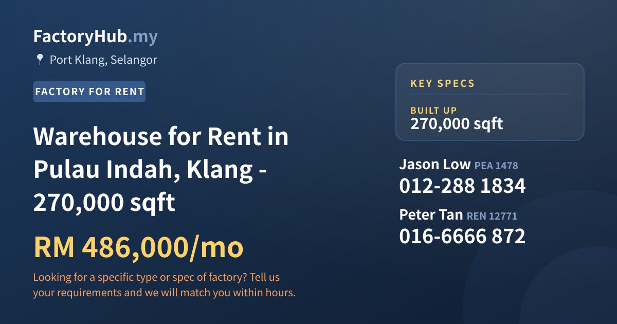Factory For Rent - Warehouse for Rent in Pulau Indah, Klang - 270,000 sqft - Port Klang, Selangor