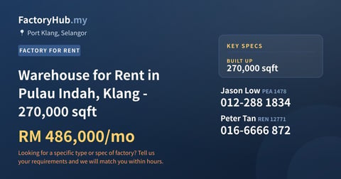 Factory For Rent - Warehouse for Rent in Pulau Indah, Klang - 270,000 sqft - Port Klang, Selangor